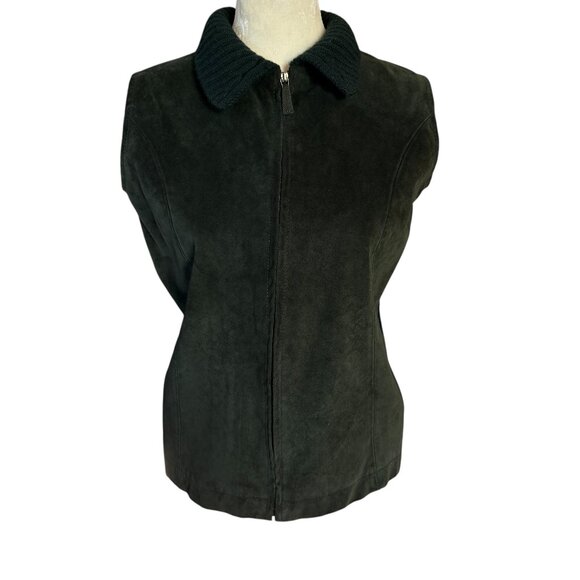Liz Claiborne Lizsport green leather and wool sleeveless collared zip up vest S - Picture 1 of 8
